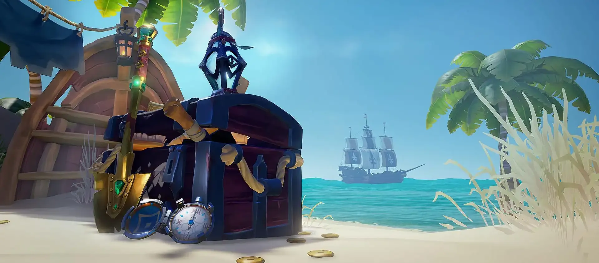 An equipment chest lies in the sand in the foreground. A blue sunny sky, palm trees, and a galleon sits in the background.