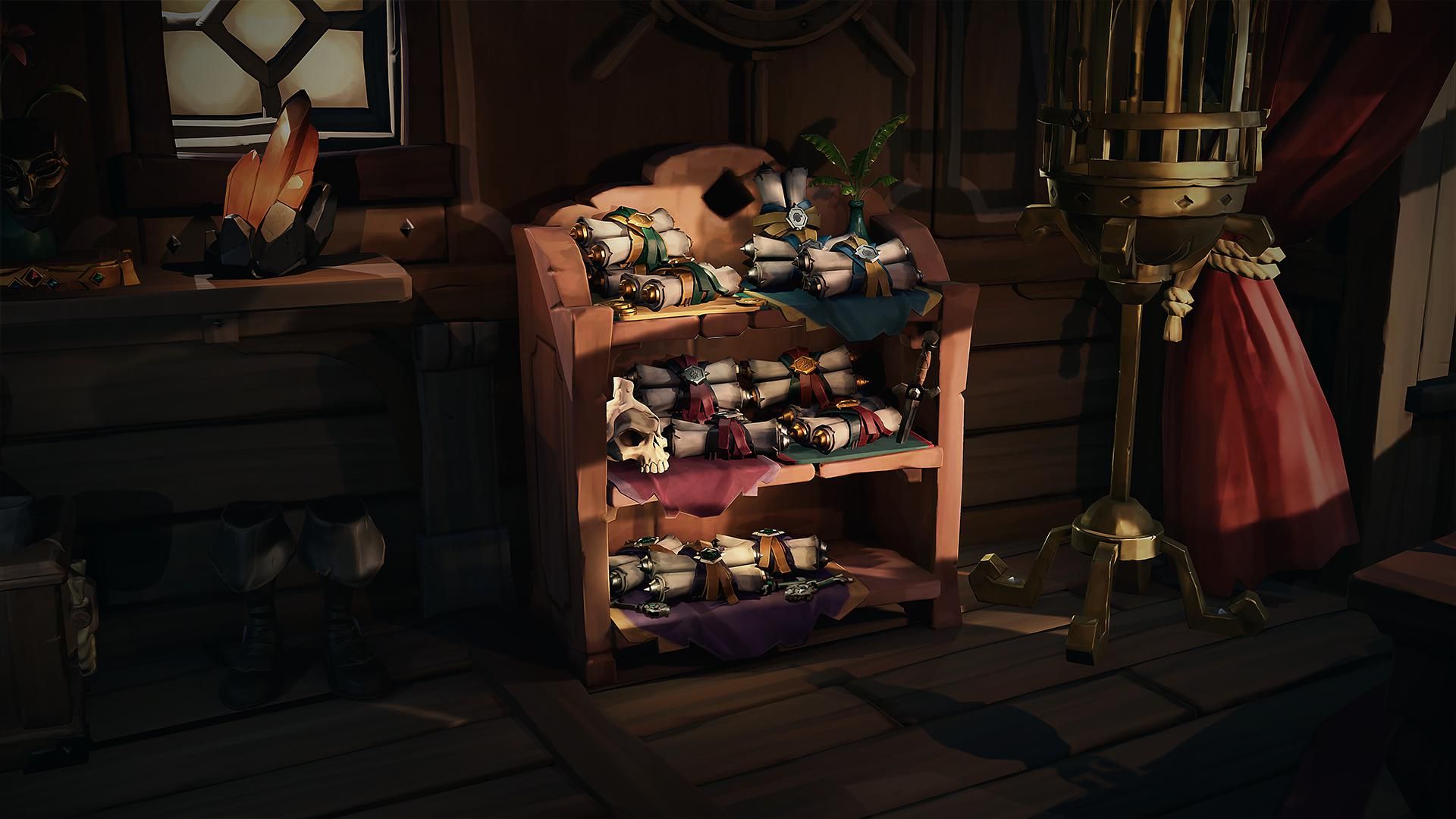 A variety of quest scrolls are staioned on a shelf in the Captain's Quarters.