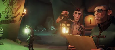 Hero banner of pirates reading a riddle. One is holding a map, another holds a lantern to the map, and a third in the background holds up a lantern to a cave painting of the Kraken.