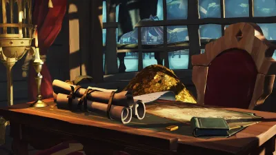 Hero banner of the Captain's voyage table showing a log book, pile of gold, and a scroll.