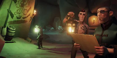 Hero banner of pirates reading a riddle. One is holding a map, another holds a lantern to the map, and a third in the background holds up a lantern to a cave painting of the Kraken.